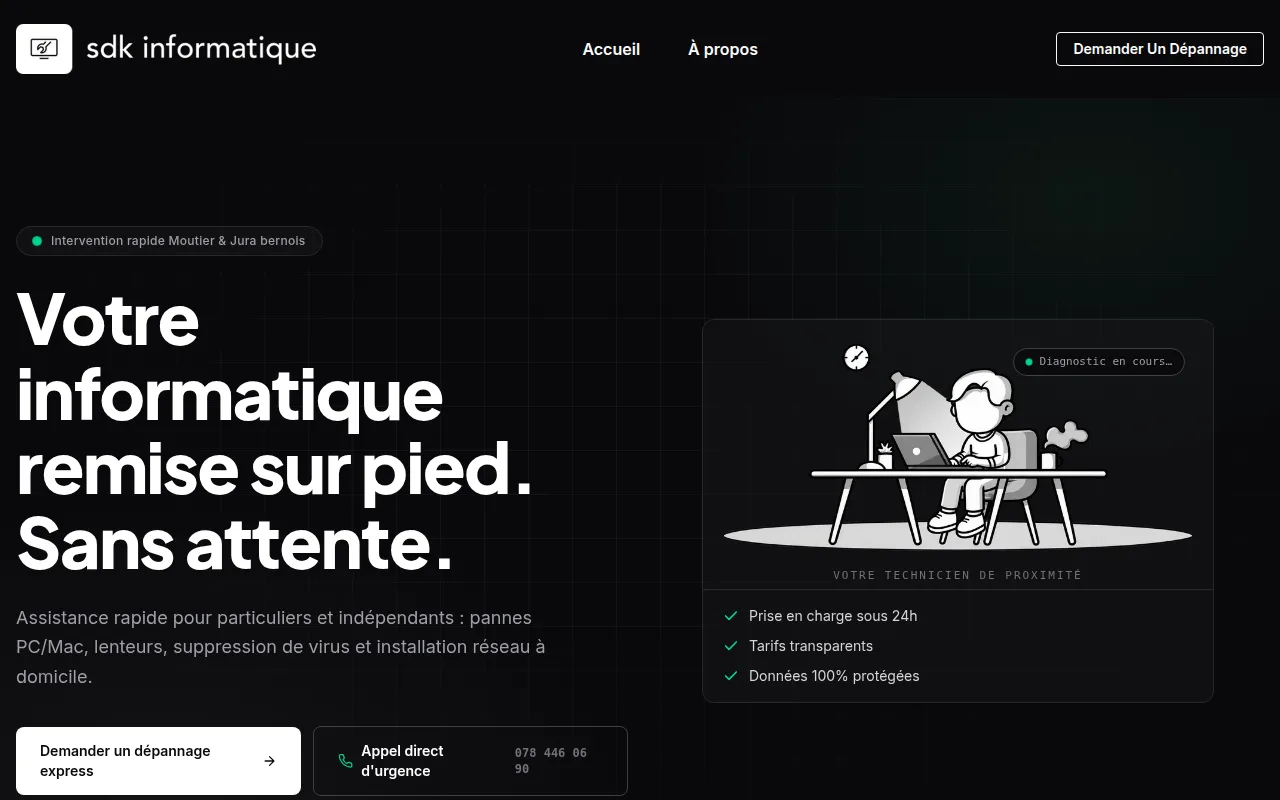 Capture d'écran du site vitrine de SDK Informatique, informaticien à Moutier